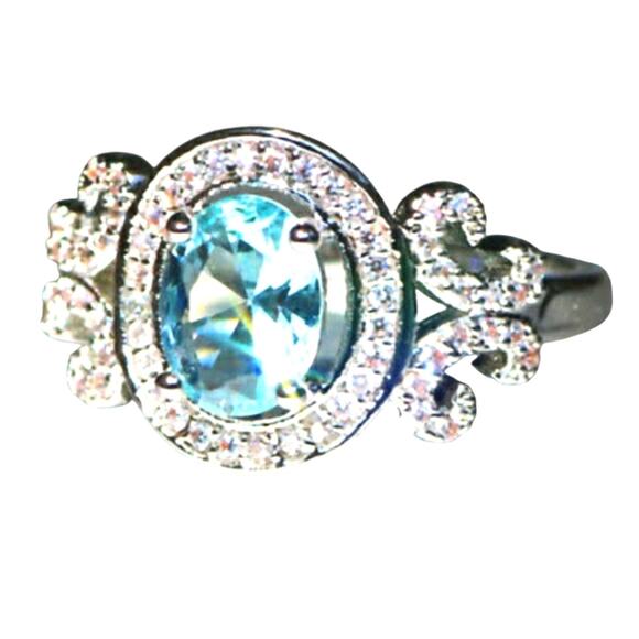 Cocktail Ring Sterling Silver 925 Sz 8 Simulated Topaz Diamonds Light Blue Luxe - Picture 5 of 10